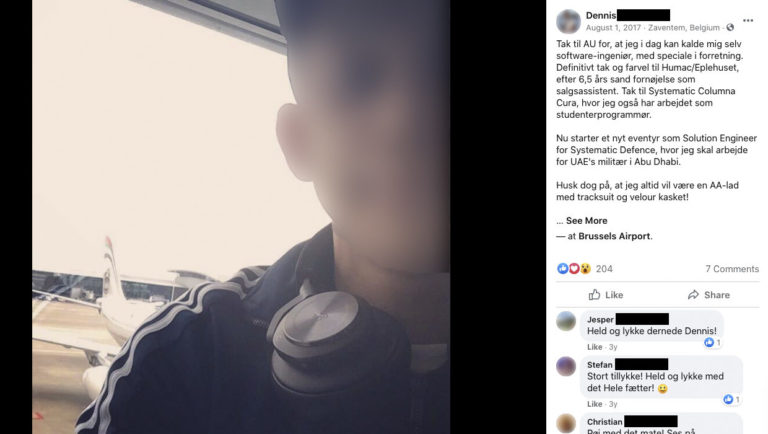 En af dem var en ung dansk gut, som i august 2017 annoncerede, at han var på vej til Emiraterne for at arbejde som Solution Engineer for Systematic. Foto: Screendump fra Facebook